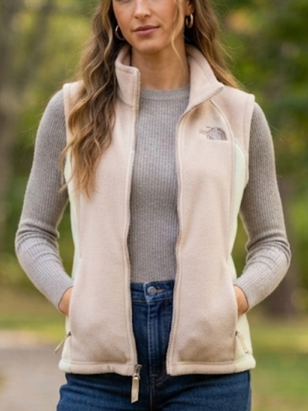 Vintage The North Face Women's Fleece Vest Cream Beige Pastel Full Zip Size M